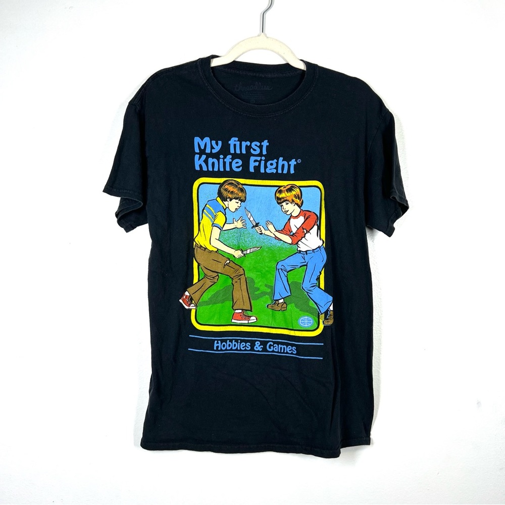 FUNNY My First Knife Fight Retro Vintage Dark Humor Graphic Tee Black Medium